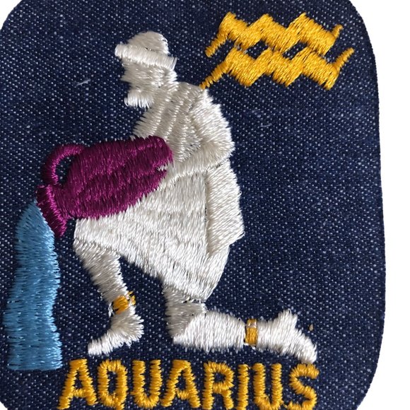 Vintage Rumper Stitcher Aquarius Embroider Sew Iron Patch Astrology Denim Yellow - Picture 3 of 4